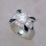 Art Deco Inspired Diamond and Sapphire Ring with Kite Shape Boxes - Dyke Vandenburgh Jewelers