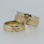 Carved Raised Relief Mountain Wedding Bands in White and Yellow Gold - Dyke Vandenburgh Jewelers