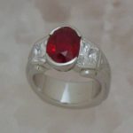 Engraved Platinum Ring with Semi Bezel Set Ruby with Trapezoid Cut Diamonds - Dyke Vandenburgh Jewelers