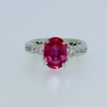 Hot Pink Sapphire Ring with Triangle Diamonds and Round Channel Set Diamonds - Dyke Vandenburgh Jewelers