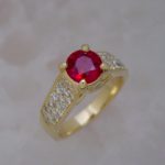 Round Ruby in Yellow Gold with Bright Set Pave Diamond Shoulders - Dyke Vandenburgh Jewelers