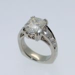 Vintage Inspired Radiant Cut Diamond Ring with Scrolls - Dyke Vandenburgh Jewelers