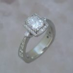 Vintage Style Wedding Ring with Radiant Cut Center and Diamond Halo Bright Set Shoulders 15ct Side Diamonds 18k White Gold - Dyke Vandenburgh Jewelers